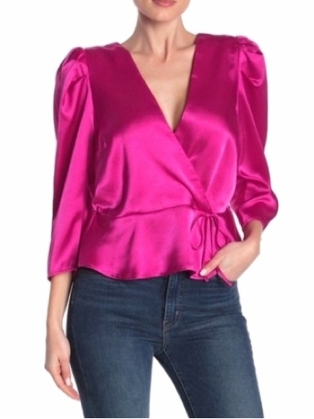 free press Hot Pink Satin Wrap Blouse with Puff Sleeves